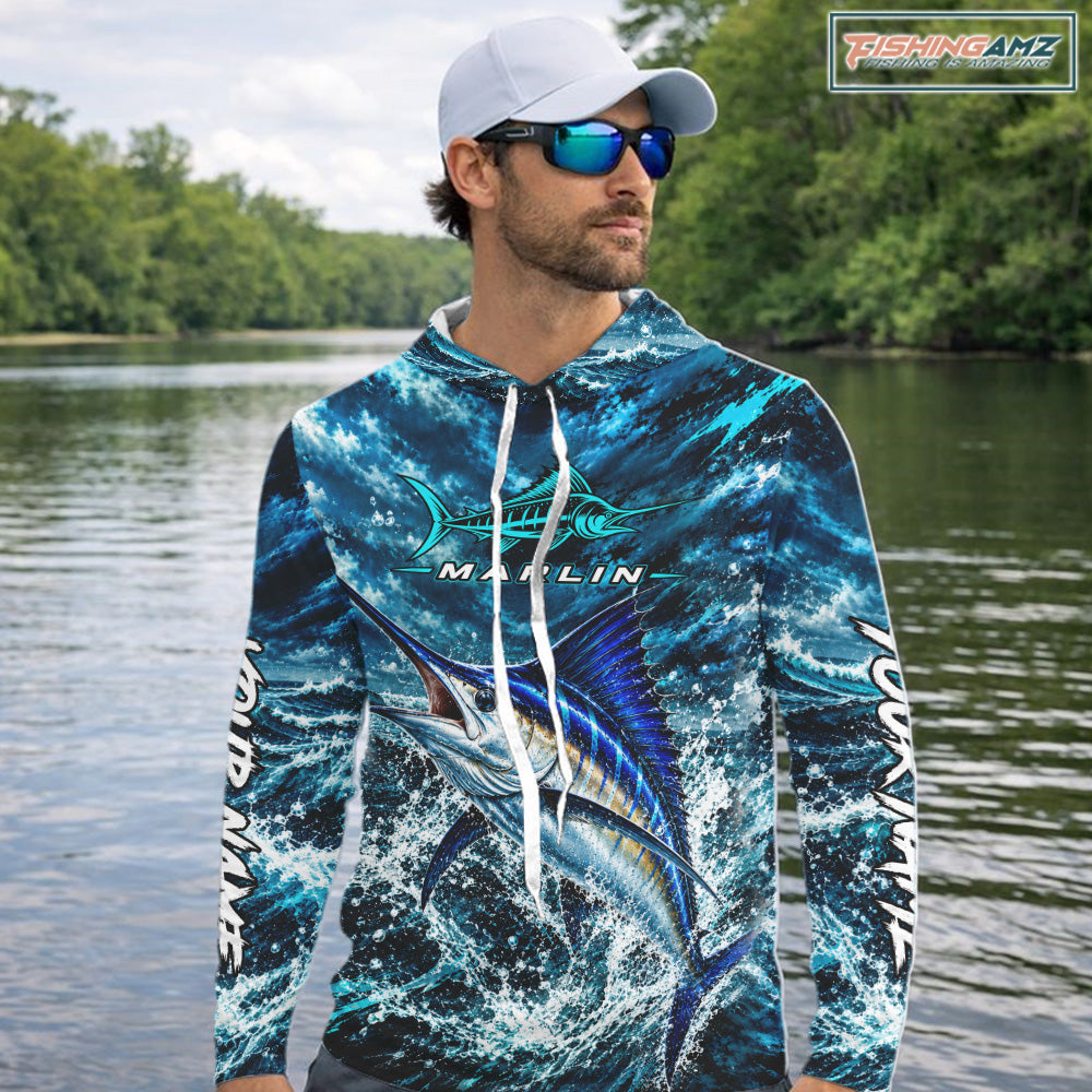 Custom Marlin Fishing Jersey With Name, Marlin Hooded Long Sleeve Tournament Shirt NHT1596