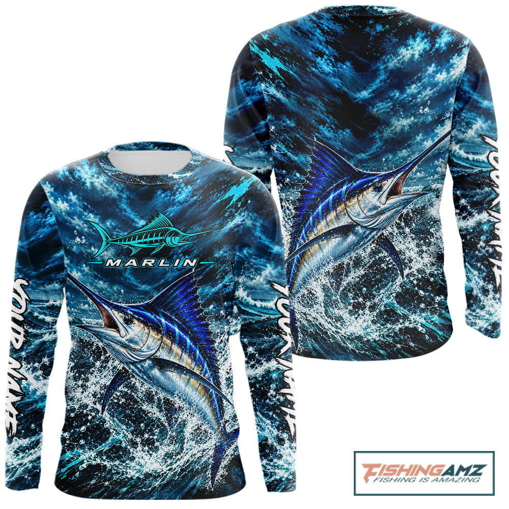 Custom Marlin Fishing Jersey With Name, Marlin Long Sleeve Tournament Shirt NHT1596