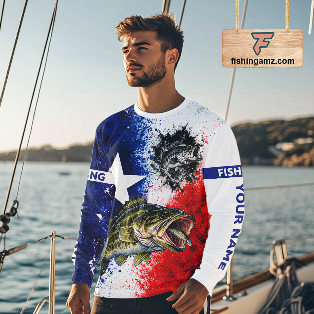 Largemouth Bass Texas Flag Fishing Shirt Custom Red White Blue Splash Fisherman Gift Apparel NHT1789