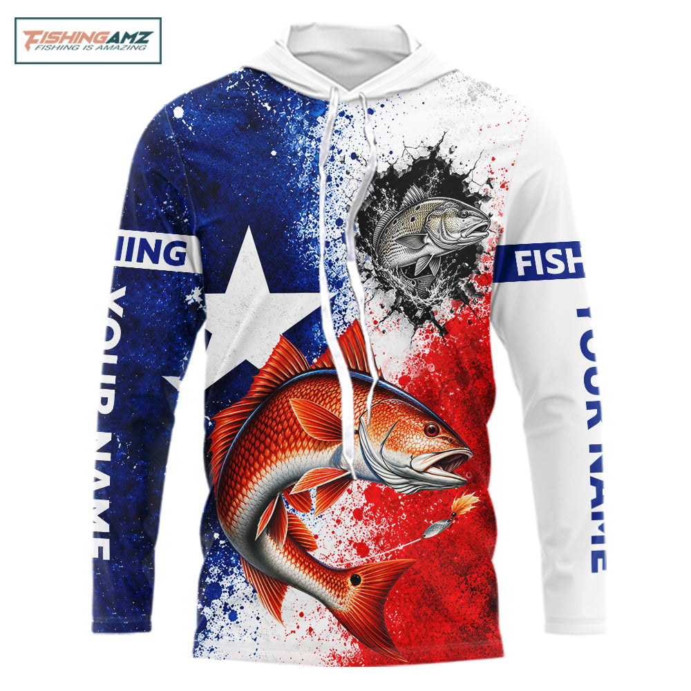 Redfish Texas Flag Hooded Fishing Shirt Shirt Custom Red White Blue Splash Fisherman Gift Apparel NHT1790