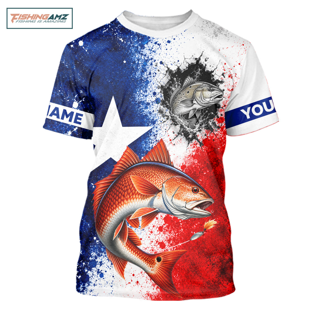 Redfish Texas Flag Short Sleeve Fishing Shirt Shirt Custom Red White Blue Splash Fisherman Gift Apparel NHT1790