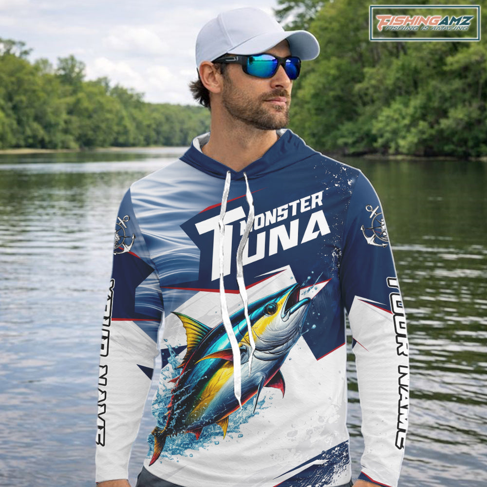 Offshore Sport Fishing Tuna Monster, Long Sleeve Hooded Tuna Fishing Jersey For Men NHT1466