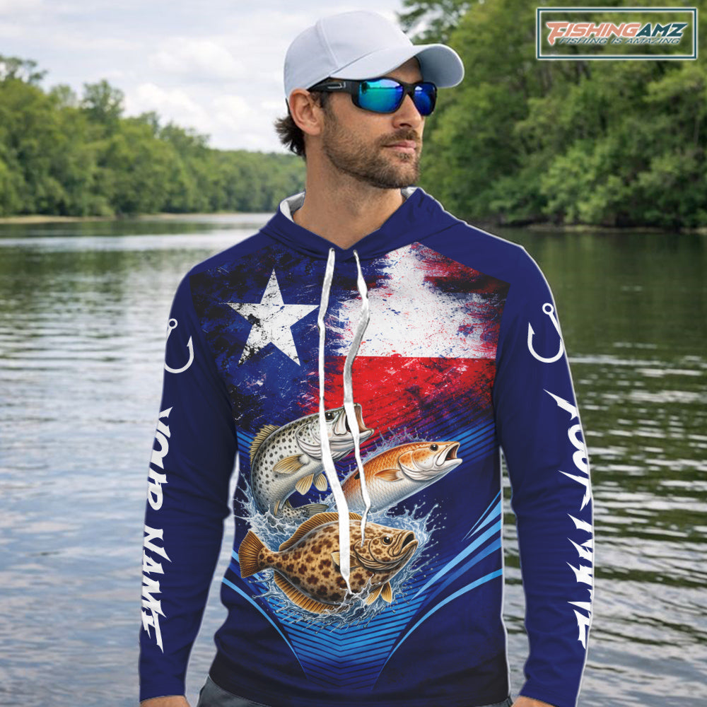 Hooded Texas Slam Redfish, Trout, Flounder Custom Fishing Shirts Long Sleeve, Texas Flag Fishing Shirt NHT505