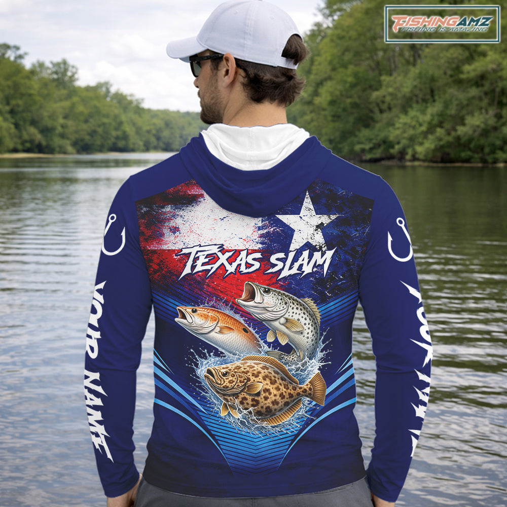 Hooded Texas Slam Redfish, Trout, Flounder Custom Fishing Shirts Long Sleeve, Texas Flag Fishing Shirt NHT505