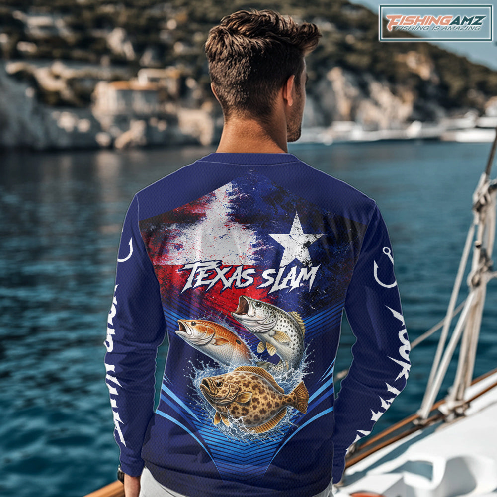 Texas Slam Redfish, Trout, Flounder Custom Fishing Shirts Long Sleeve, Texas Flag Fishing Shirt NHT505