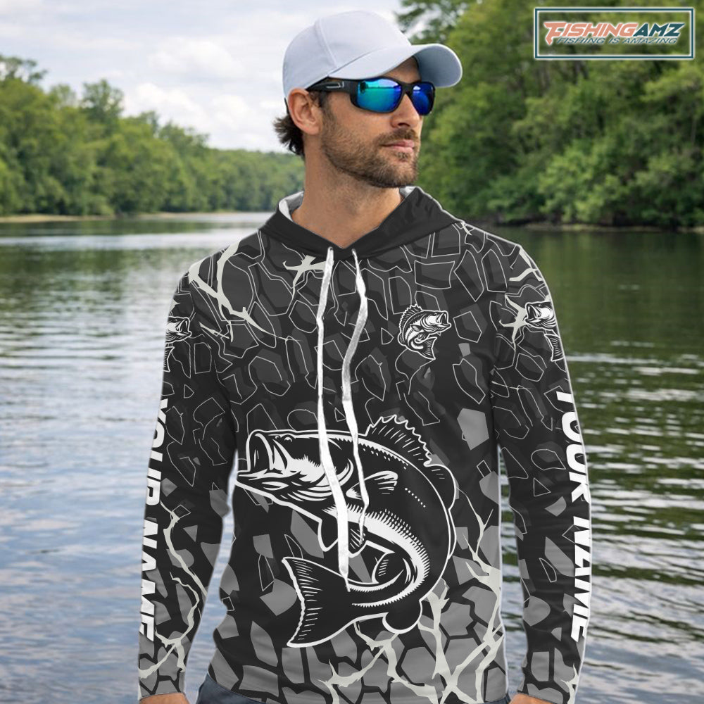 Custom Bass Fishing Black Camo Hooded Long Sleeve Fishing Shirts, Personalized Bass Fishing Jerseys NHT507