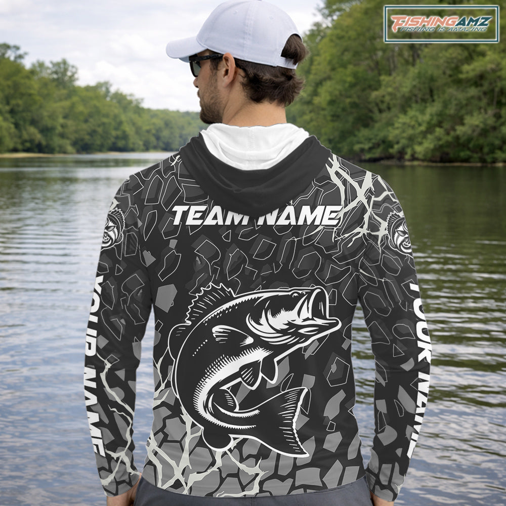 Custom Bass Fishing Black Camo Hooded Long Sleeve Fishing Shirts, Personalized Bass Fishing Jerseys NHT507