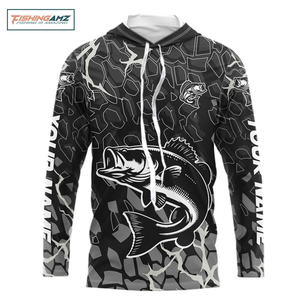 Custom Bass Fishing Black Camo Hooded Long Sleeve Fishing Shirts, Personalized Bass Fishing Jerseys NHT507