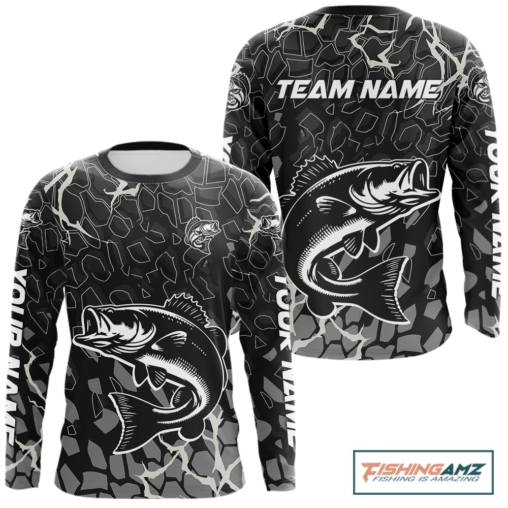 Custom Bass Fishing Black Camo Long Sleeve Fishing Shirts, Personalized Bass Fishing Jerseys NHT507