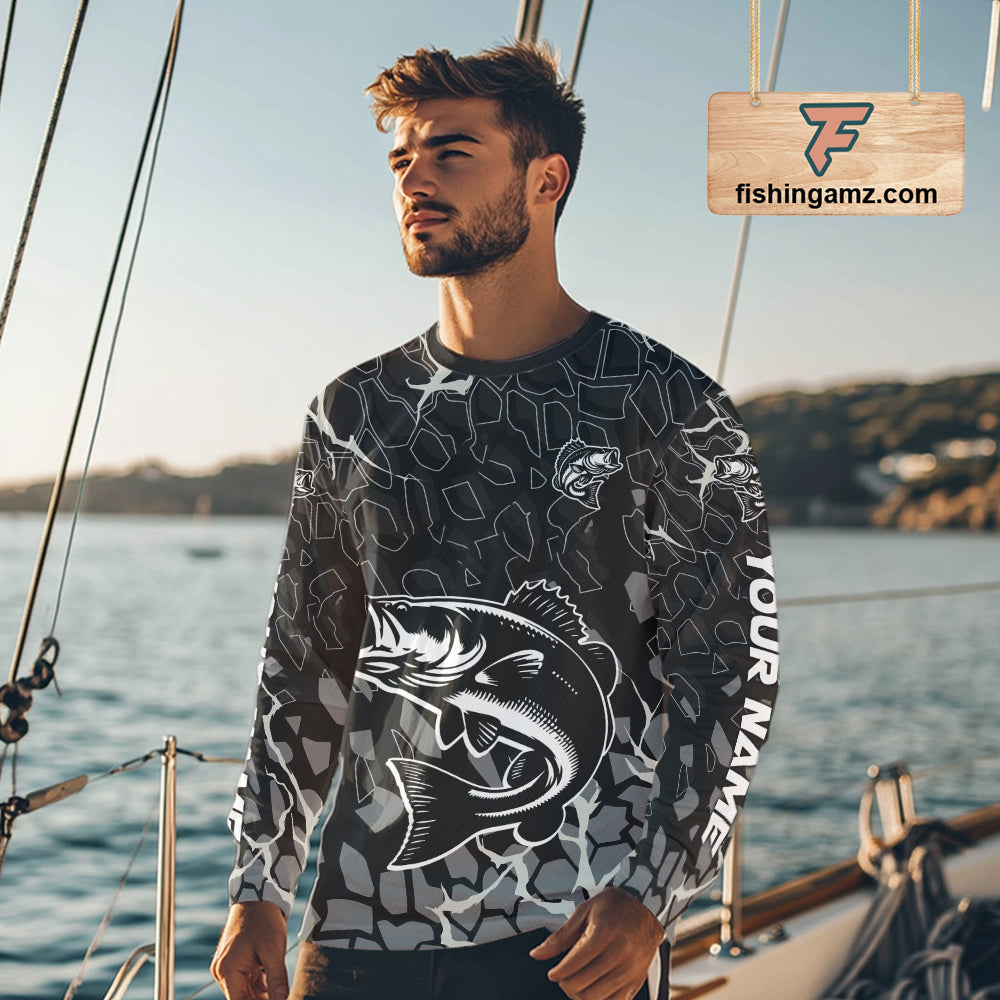 Custom Bass Fishing Black Camo Long Sleeve Fishing Shirts, Personalized Bass Fishing Jerseys NHT507