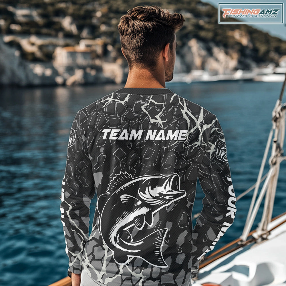 Custom Bass Fishing Black Camo Long Sleeve Fishing Shirts, Personalized Bass Fishing Jerseys NHT507