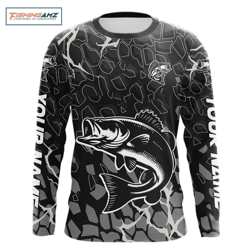 Custom Bass Fishing Black Camo Long Sleeve Fishing Shirts, Personalized Bass Fishing Jerseys NHT507