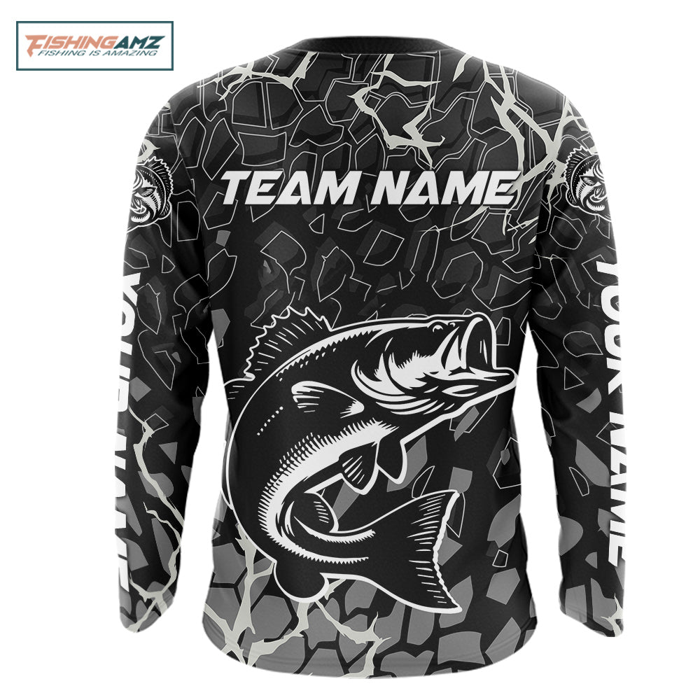 Custom Bass Fishing Black Camo Long Sleeve Fishing Shirts, Personalized Bass Fishing Jerseys NHT507