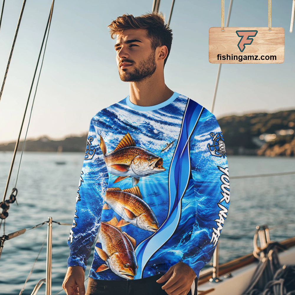Personalized Redfish Fishing Shirt Long Sleeve Ocean Anchor Performance Angler Apparel NHT1822