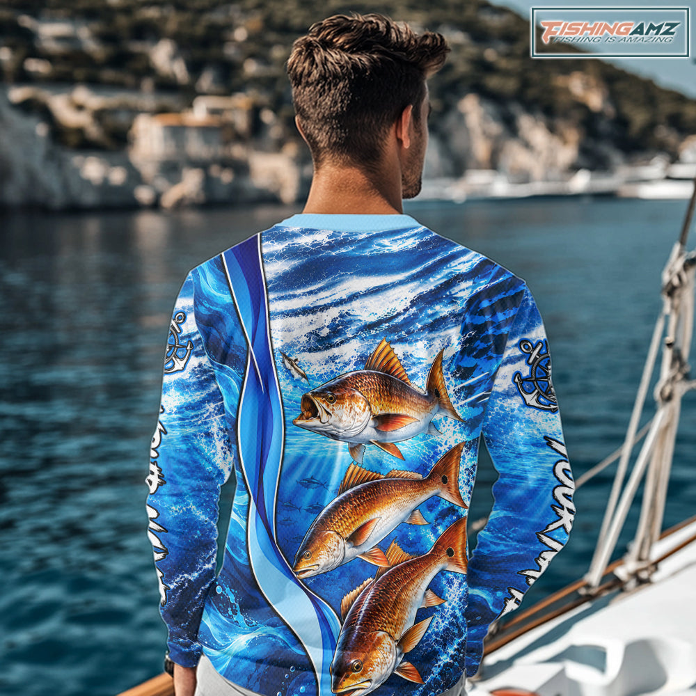 Personalized Redfish Fishing Shirt Long Sleeve Ocean Anchor Performance Angler Apparel NHT1822