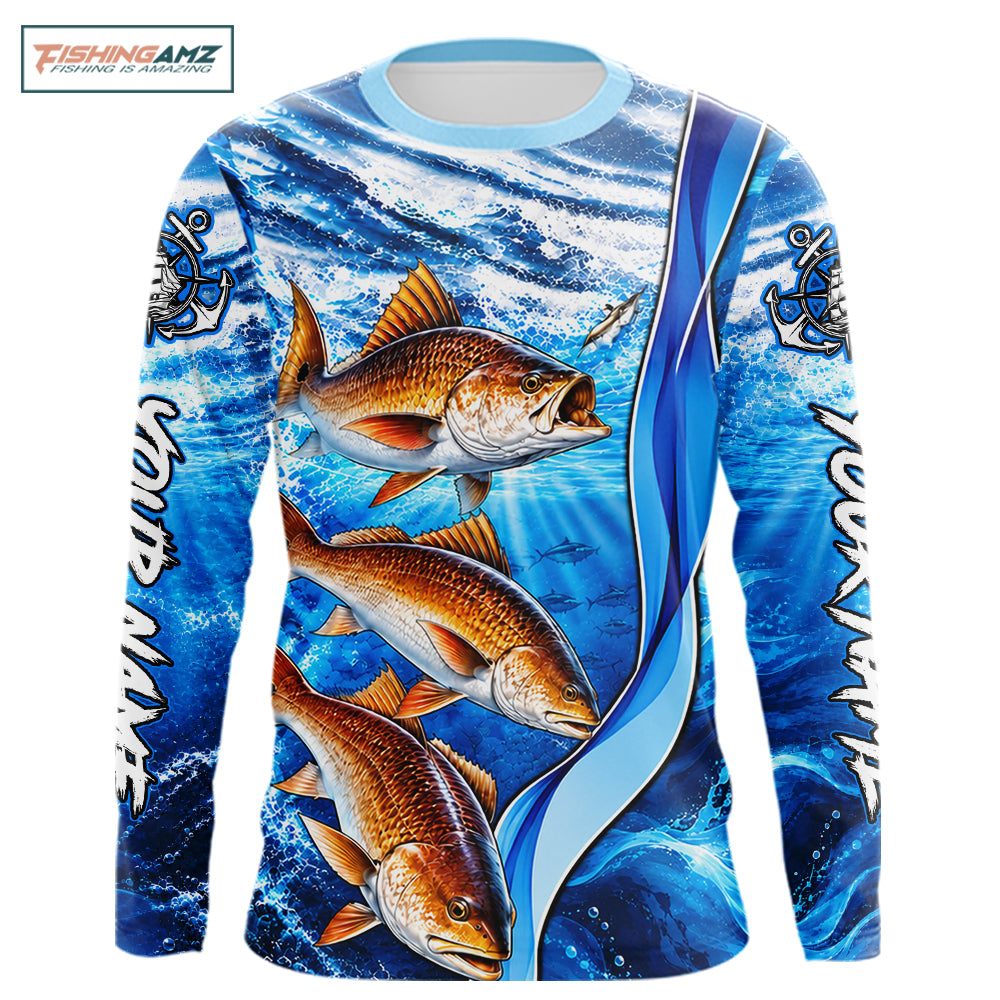 Personalized Redfish Fishing Shirt Long Sleeve Ocean Anchor Performance Angler Apparel NHT1822