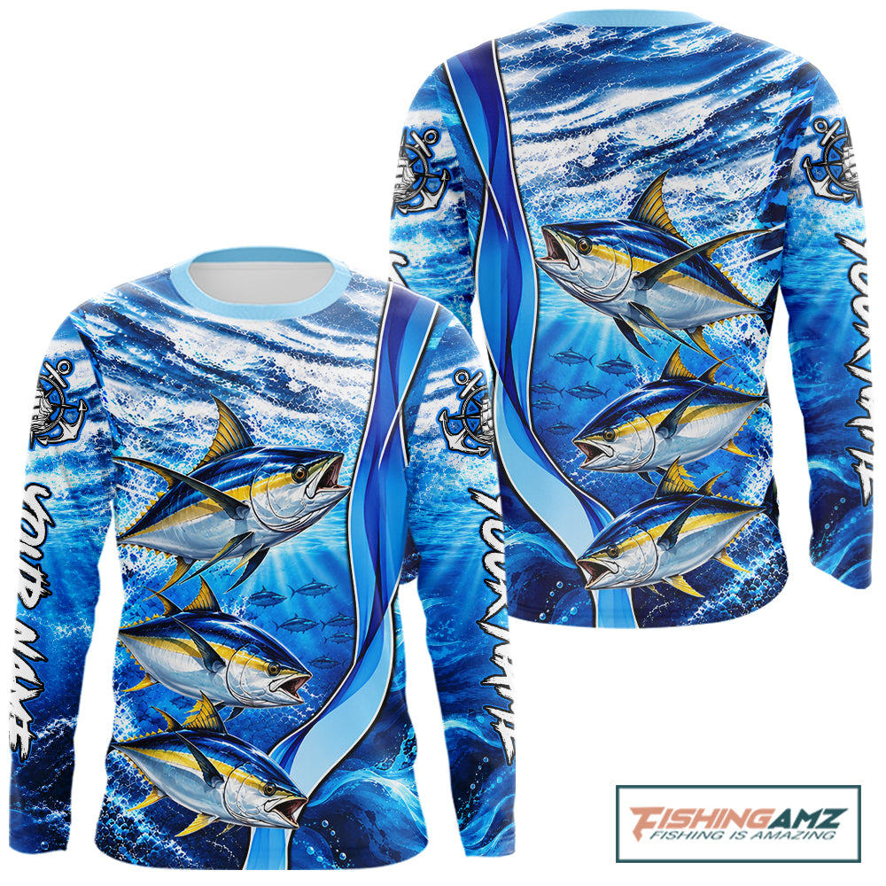 Personalized Tuna Fishing Shirt Long Sleeve Ocean Anchor Performance Angler Apparel NHT1823