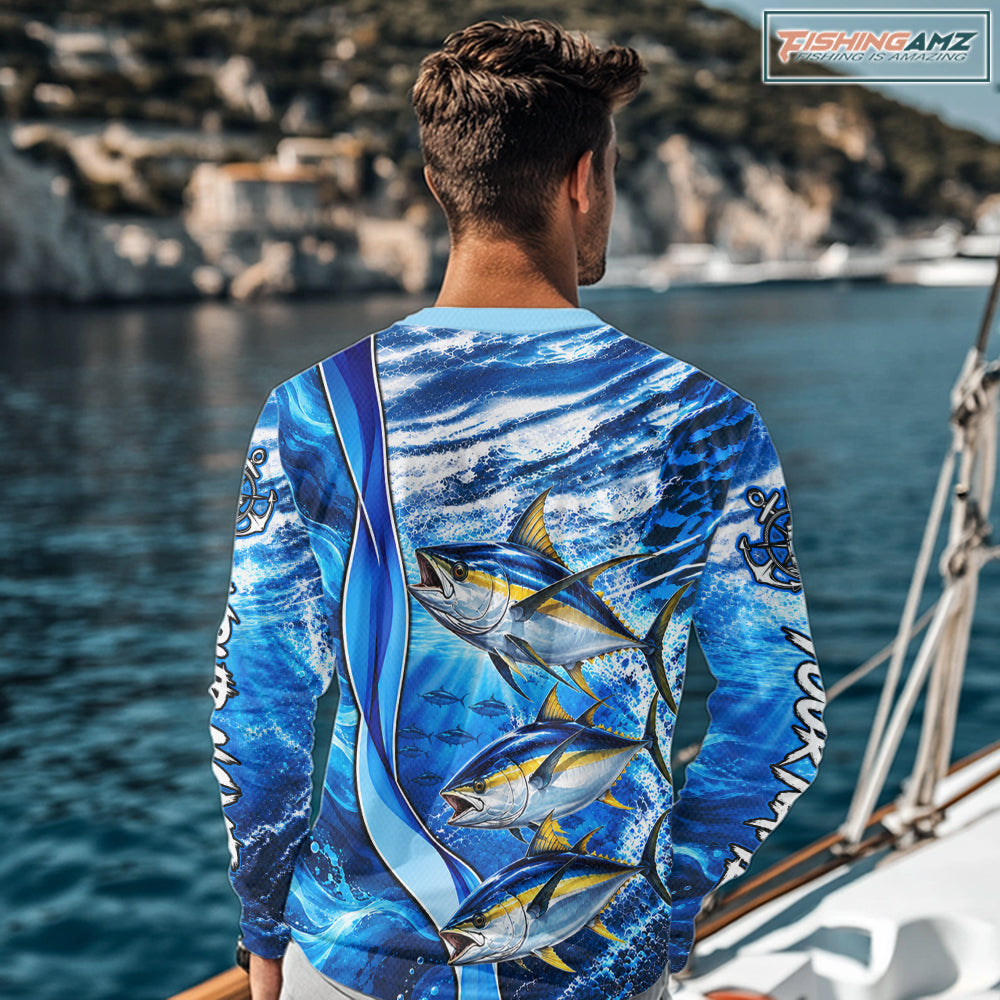Personalized Tuna Fishing Shirt Long Sleeve Ocean Anchor Performance Angler Apparel NHT1823