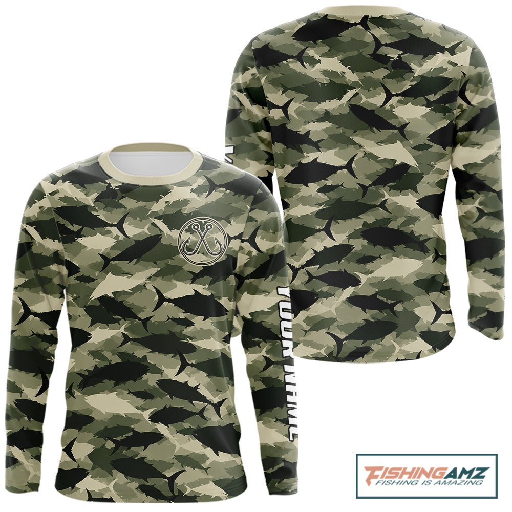 Personalized Tuna Camo Fishing Shirt Long Sleeve Green Fish Camouflage Angler Apparel NHT1824