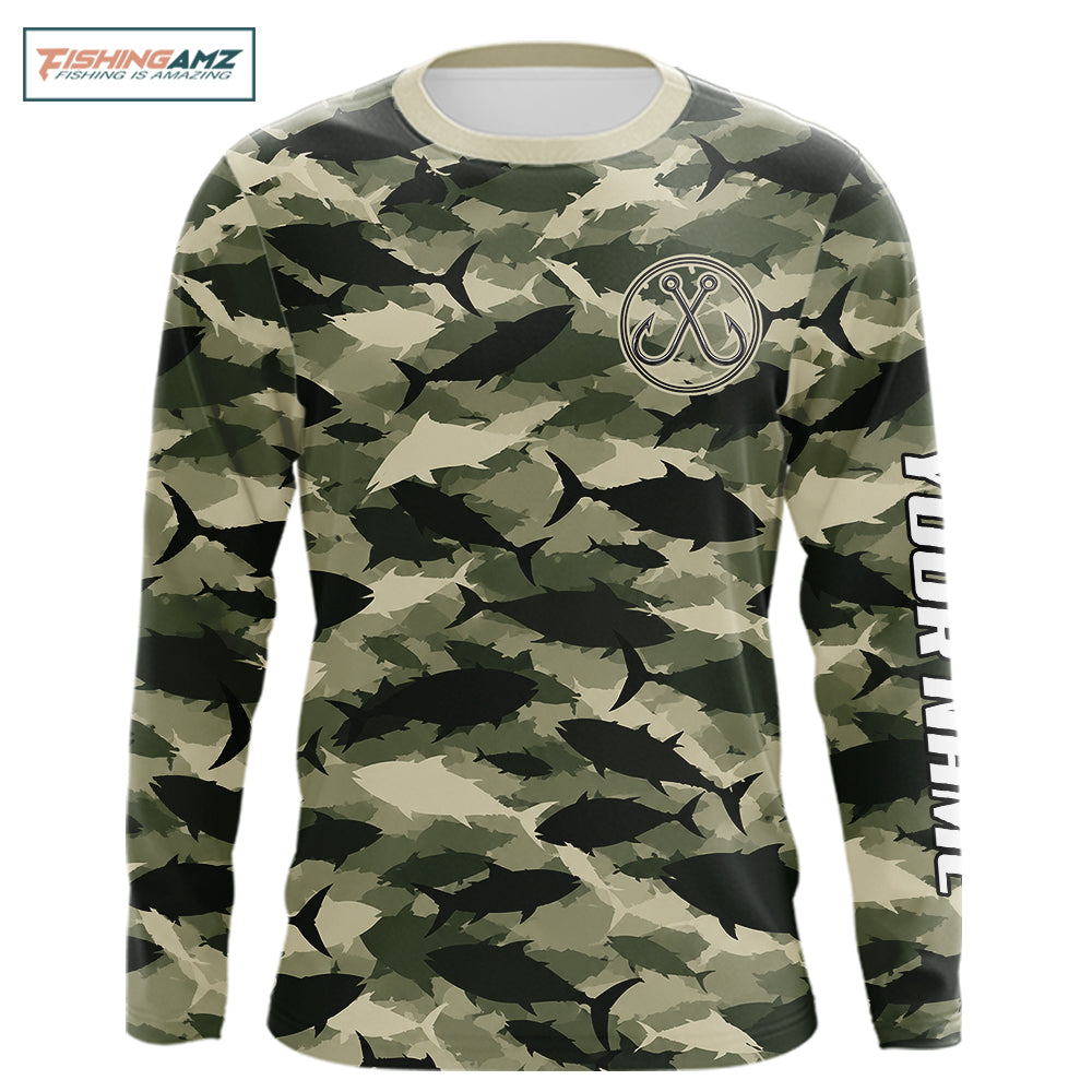 Personalized Tuna Camo Fishing Shirt Long Sleeve Green Fish Camouflage Angler Apparel NHT1824