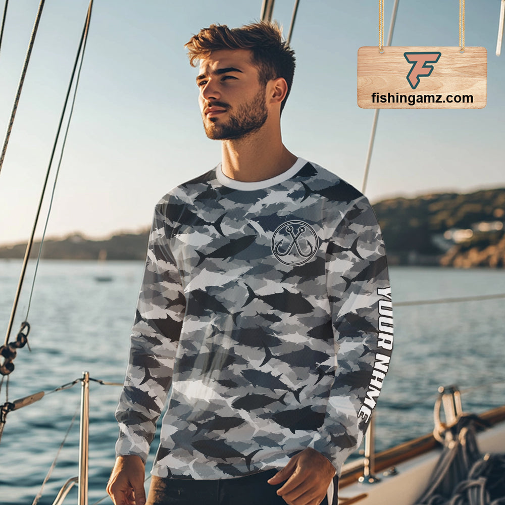 Personalized Tuna Camo Fishing Shirt Long Sleeve Black Grey Fish Camouflage Angler Apparel NHT1825