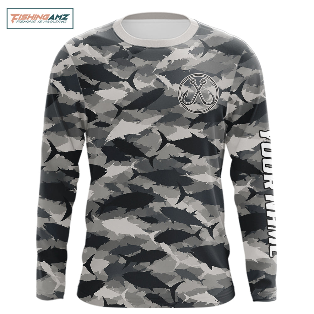 Personalized Tuna Camo Fishing Shirt Long Sleeve Black Grey Fish Camouflage Angler Apparel NHT1825