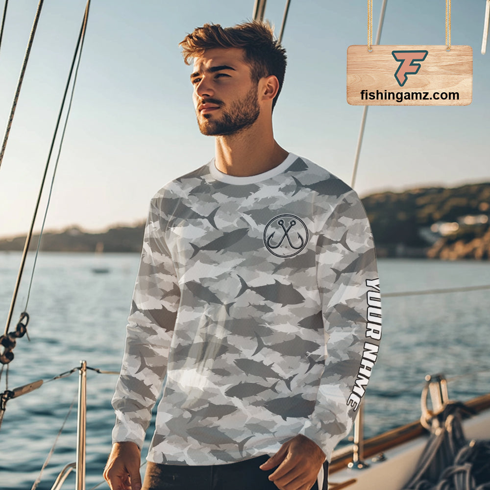 Personalized Tuna Camo Fishing Shirt Long Sleeve Grey Fish Camouflage Angler Apparel NHT1826