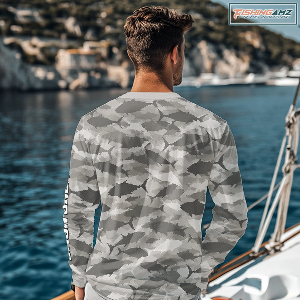 Personalized Tuna Camo Fishing Shirt Long Sleeve Grey Fish Camouflage Angler Apparel NHT1826