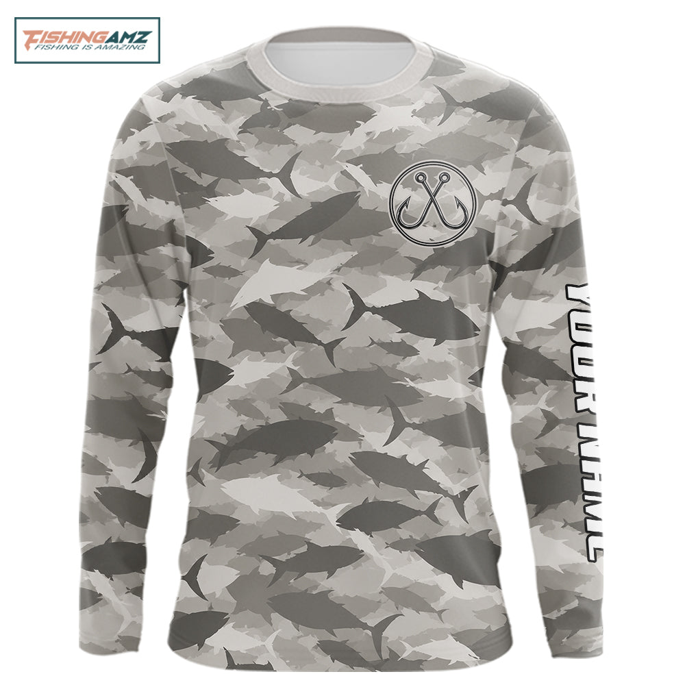Personalized Tuna Camo Fishing Shirt Long Sleeve Grey Fish Camouflage Angler Apparel NHT1826