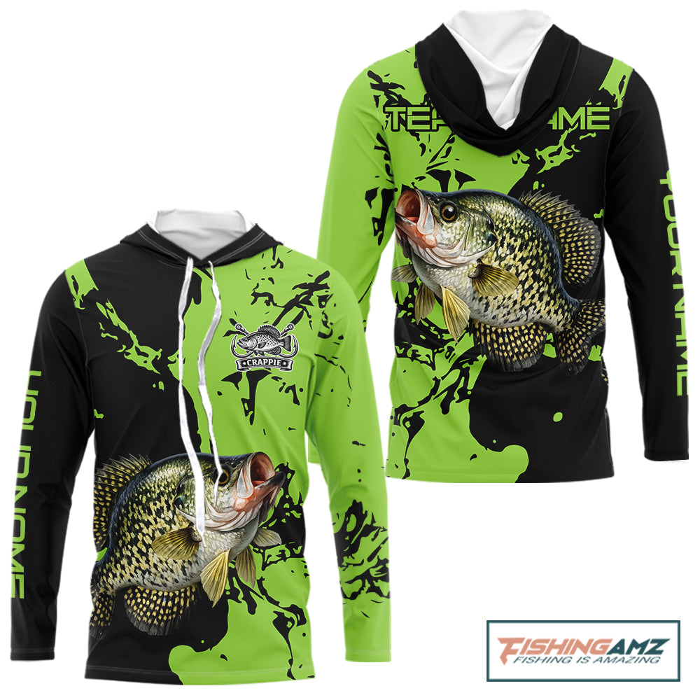 Black And Green Custom Crappie Fishing Jerseys, Crappie Long Sleeve Hooded Fishing Shirts NHT451
