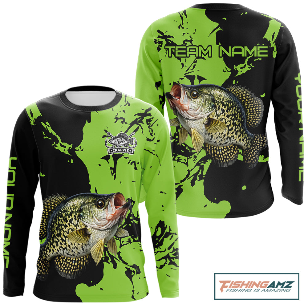 Black And Green Custom Crappie Fishing Jerseys, Crappie Long Sleeve Fishing Shirts NHT451