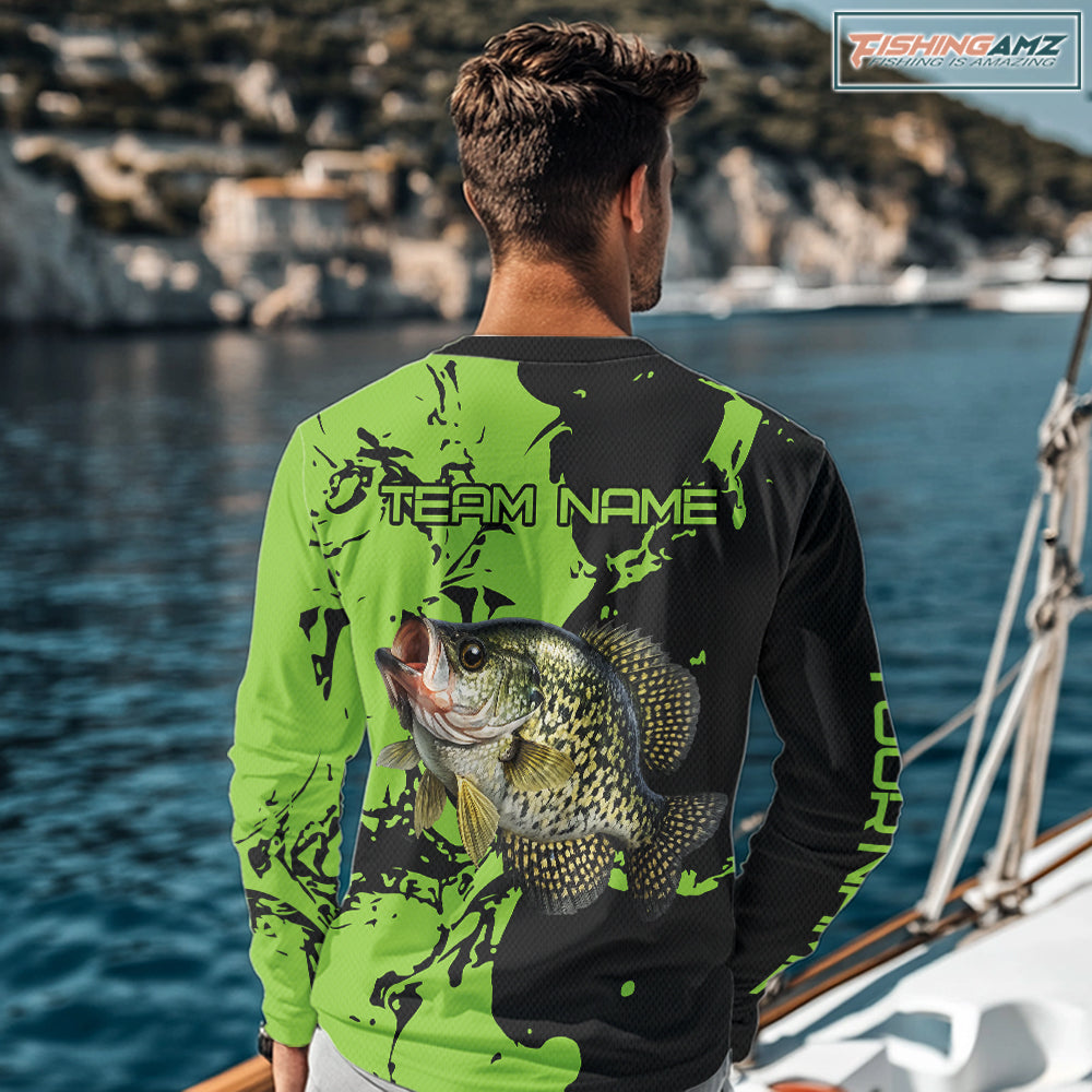 Black And Green Custom Crappie Fishing Jerseys, Crappie Long Sleeve Fishing Shirts NHT451
