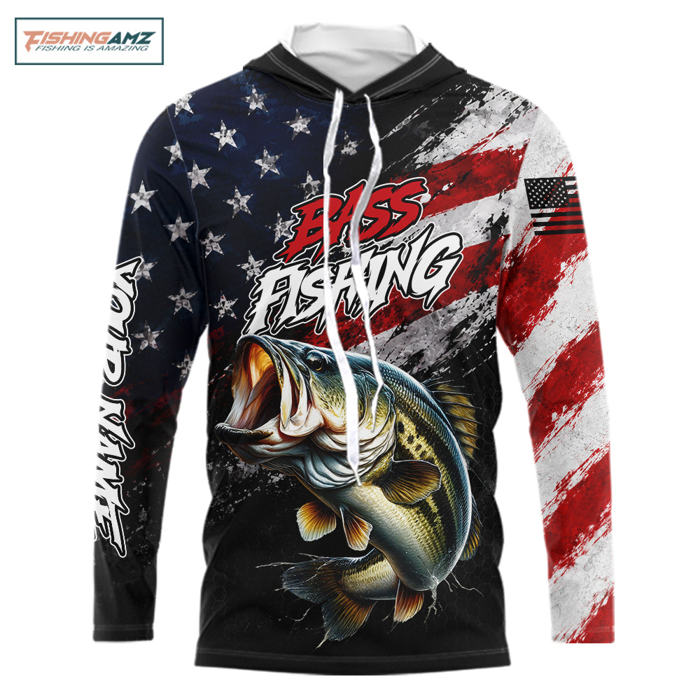American Flag Bass Hooded Fishing Shirt For Men, Personalized Largemouth Bass Fishing Apparel