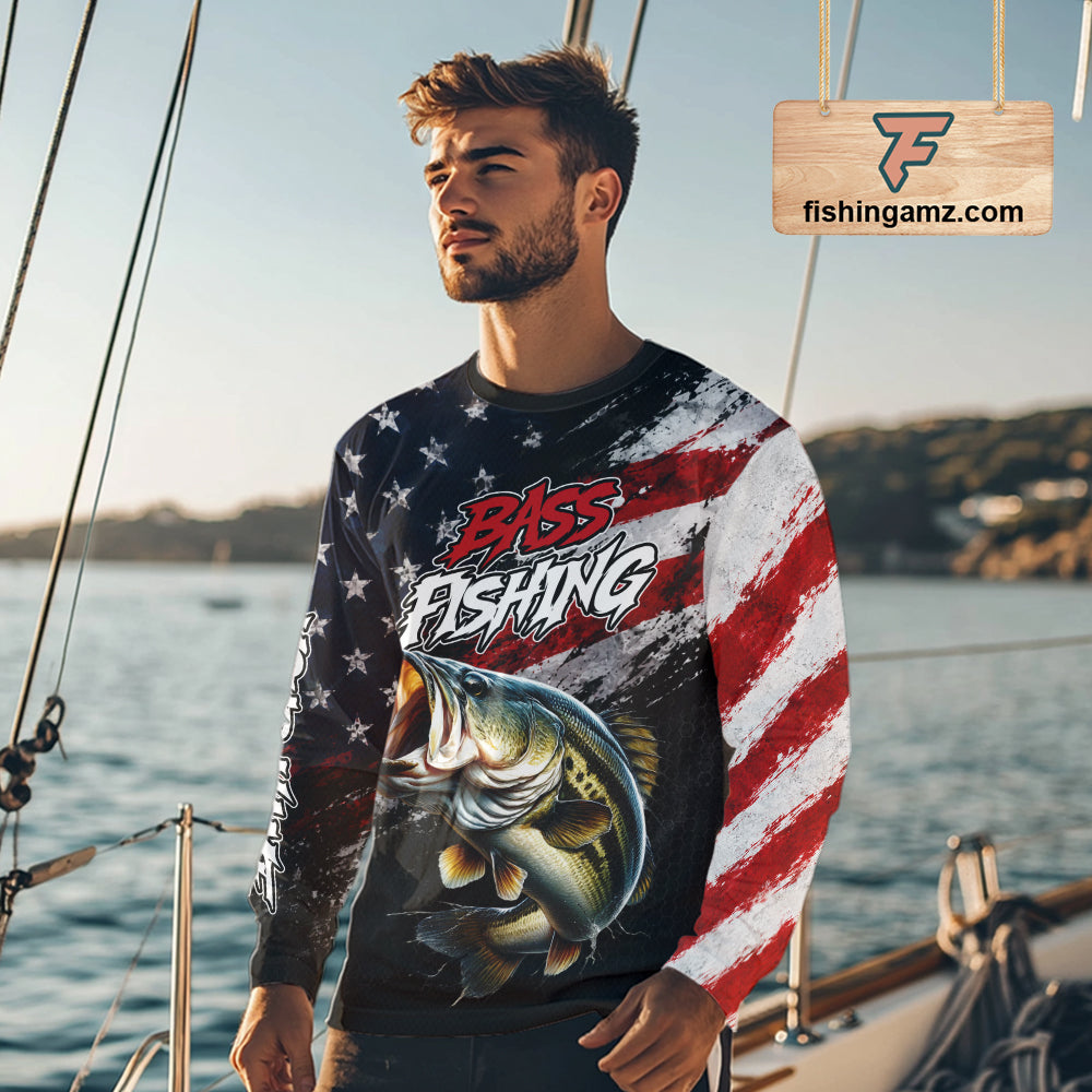 American Flag Bass Fishing Shirt For Men, Personalized Largemouth Bass Fishing Apparel