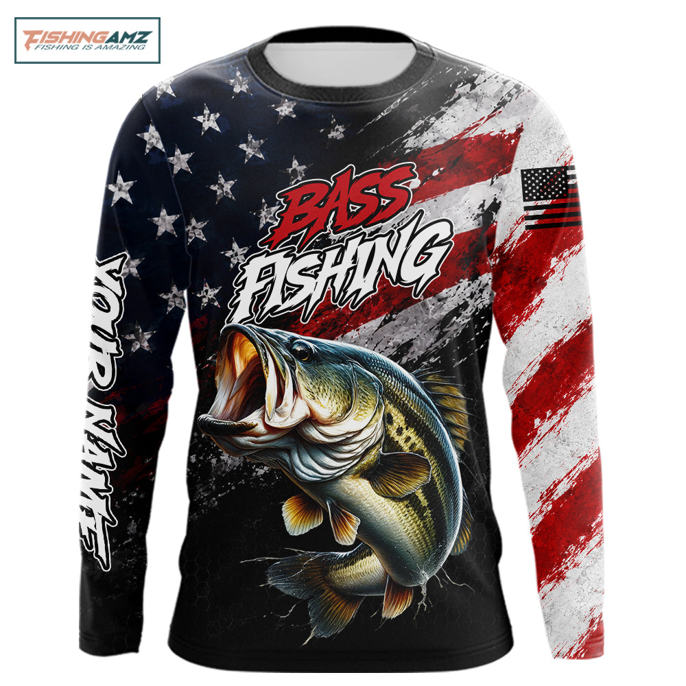 American Flag Bass Fishing Shirt For Men, Personalized Largemouth Bass Fishing Apparel