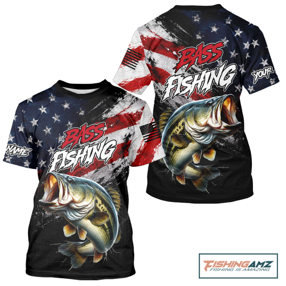 American Flag Bass Fishing T-Shirt For Men, Personalized Largemouth Bass Fishing Apparel