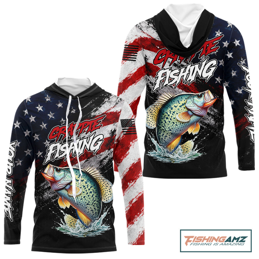 American Flag Crappie Hooded Fishing Shirt For Men, Personalized Crappie Fishing Apparel