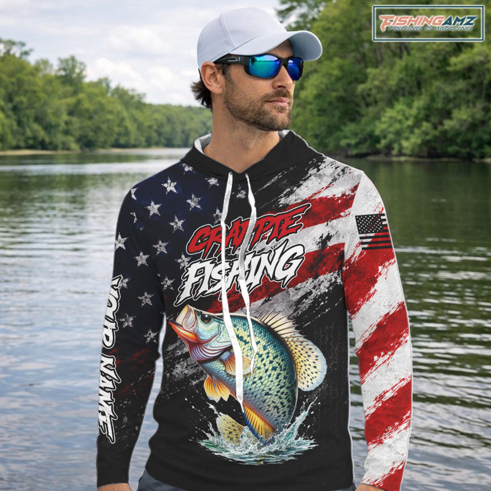 American Flag Crappie Hooded Fishing Shirt For Men, Personalized Crappie Fishing Apparel