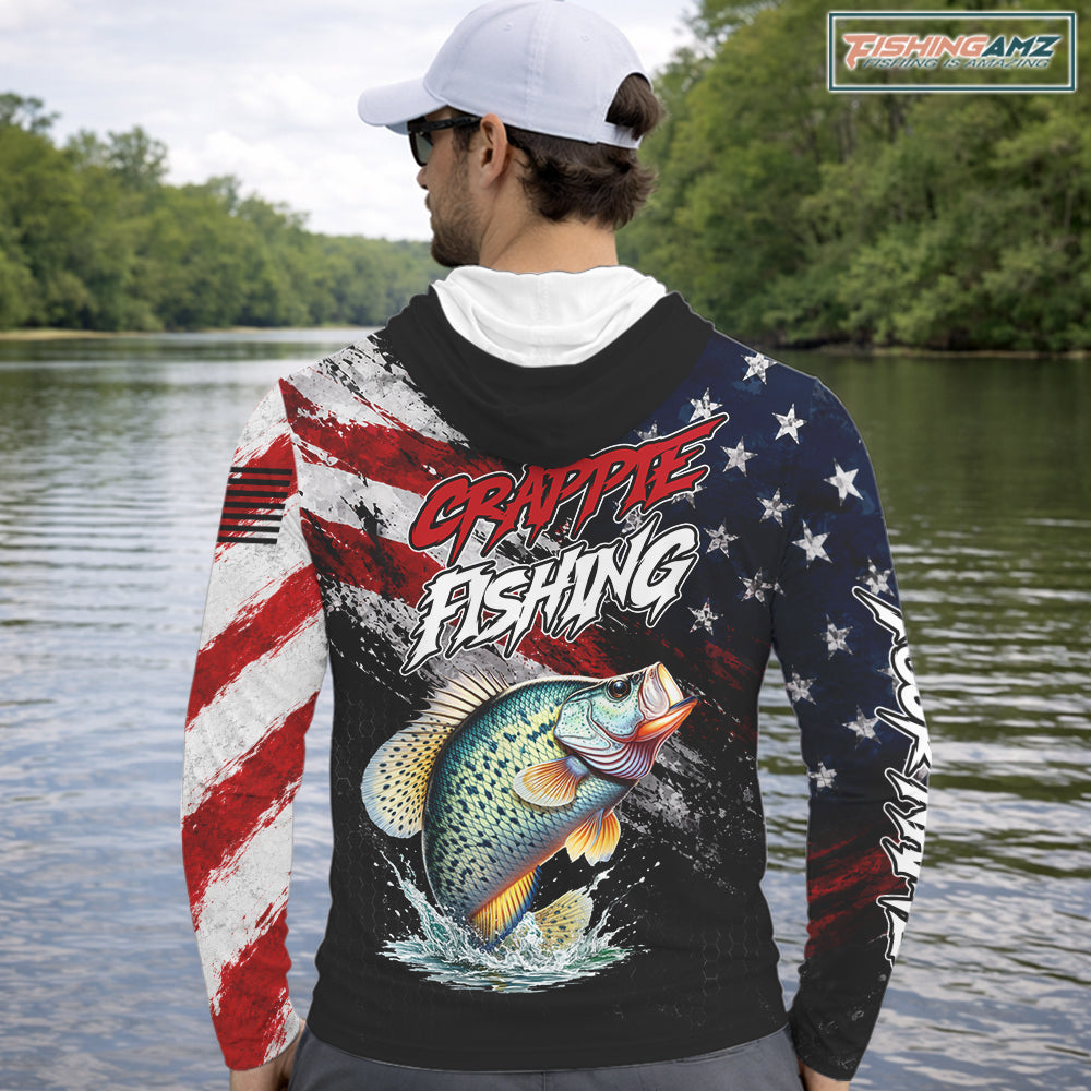 American Flag Crappie Hooded Fishing Shirt For Men, Personalized Crappie Fishing Apparel