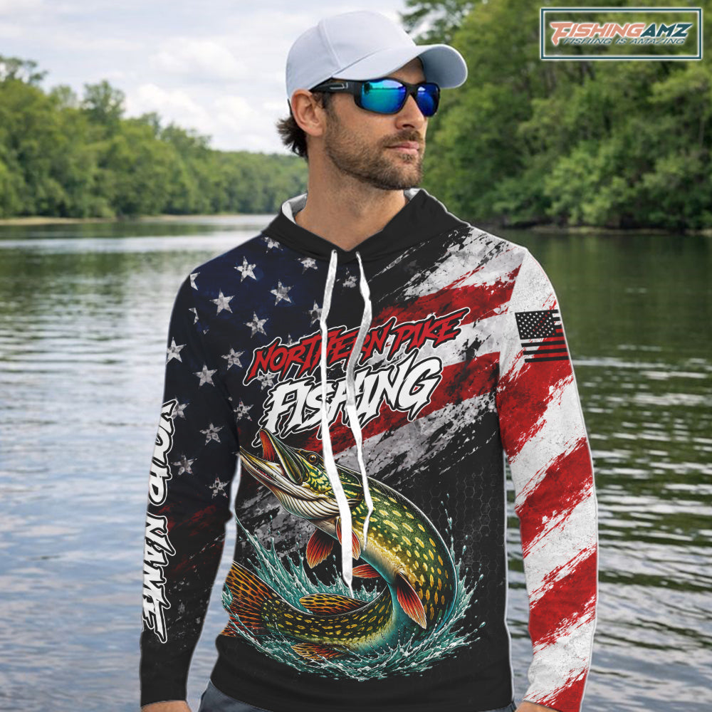 American Flag Northern Pike Hooded Fishing Shirt For Men, Personalized Northern Pike Fishing Apparel