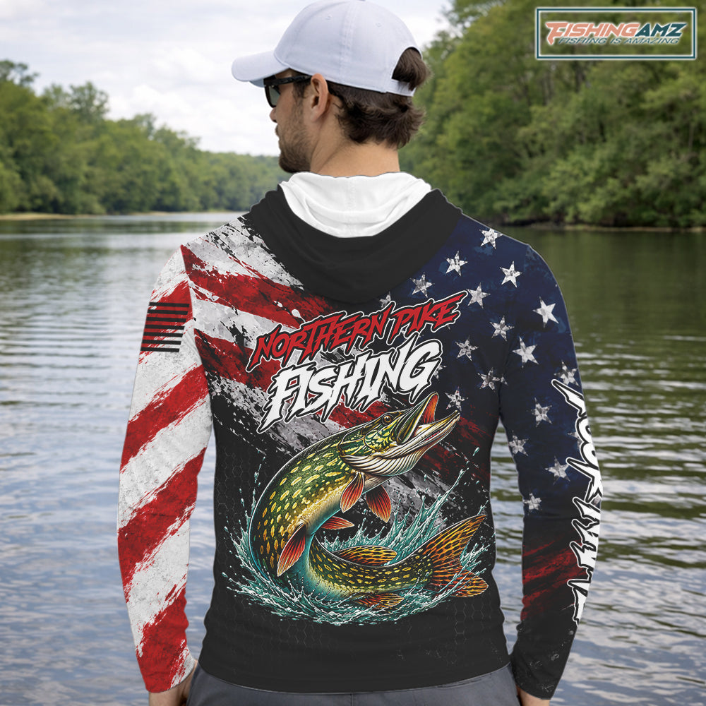 American Flag Northern Pike Hooded Fishing Shirt For Men, Personalized Northern Pike Fishing Apparel