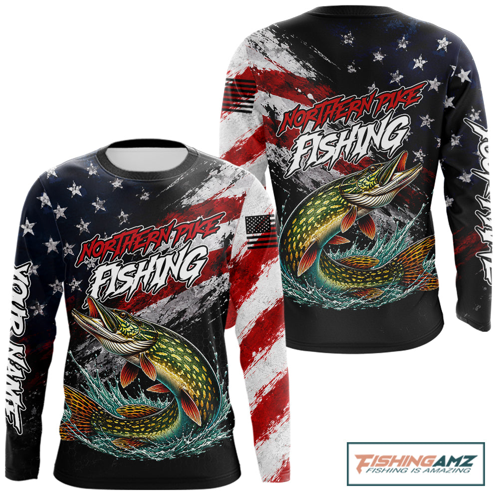 American Flag Northern Pike Fishing Shirt For Men, Personalized Northern Pike Fishing Apparel