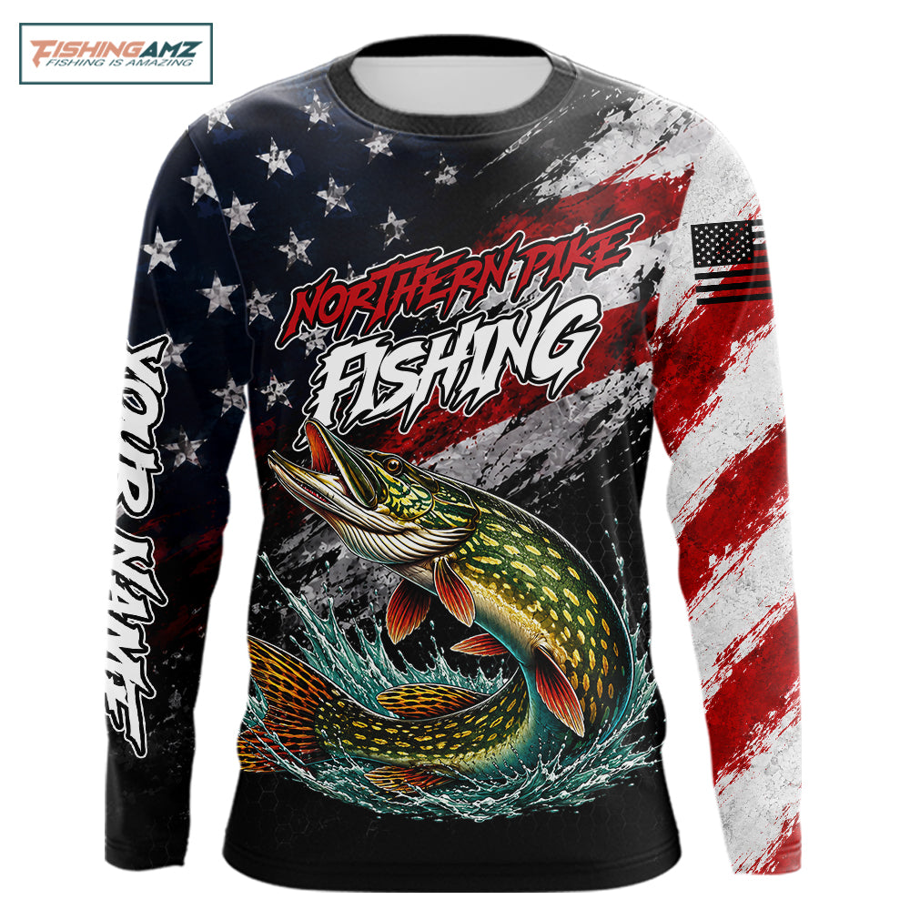 American Flag Northern Pike Fishing Shirt For Men, Personalized Northern Pike Fishing Apparel