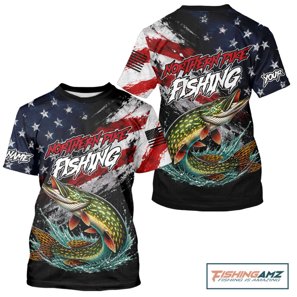American Flag Northern Pike Fishing T-Shirt For Men, Personalized Northern Pike Fishing Apparel