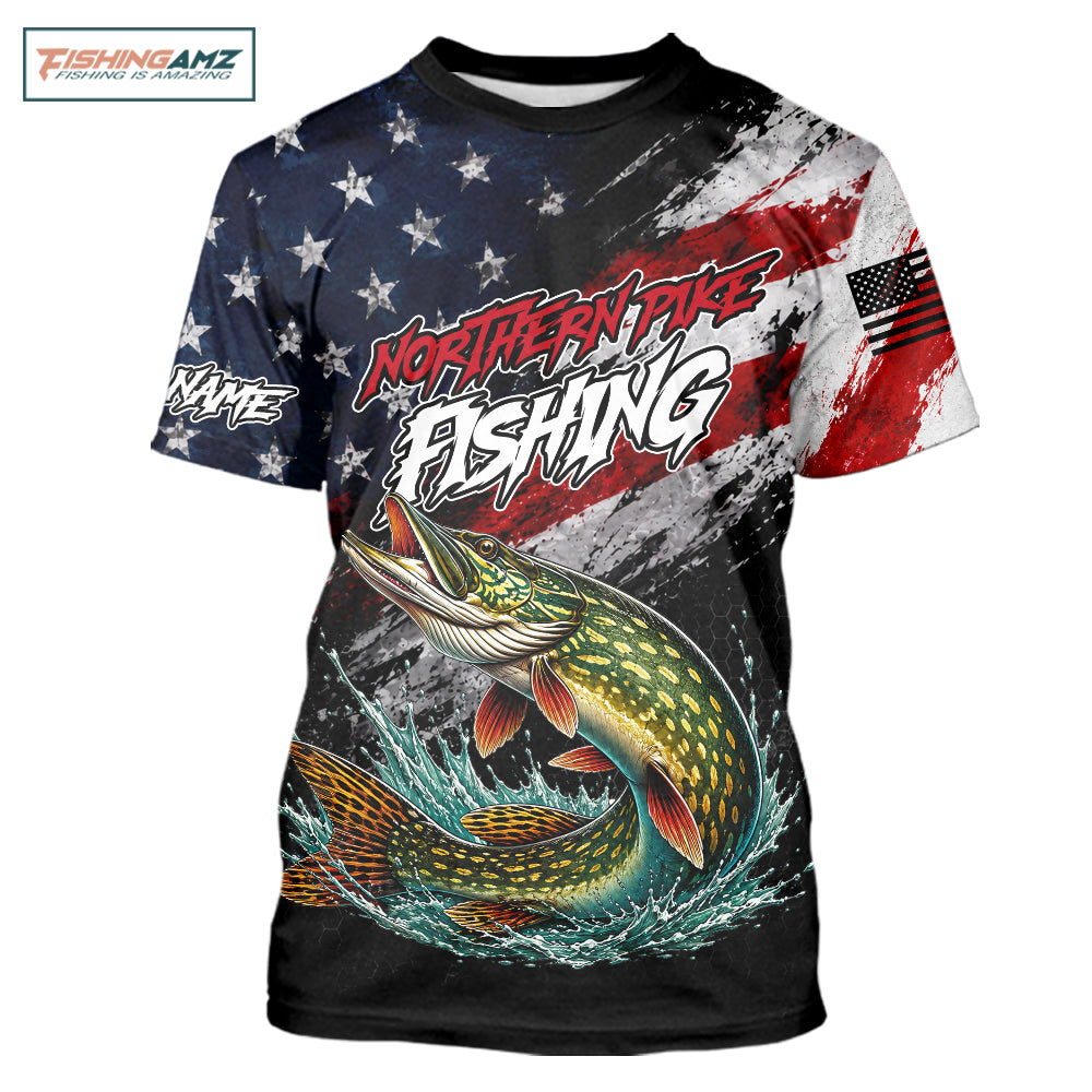 American Flag Northern Pike Fishing T-Shirt For Men, Personalized Northern Pike Fishing Apparel