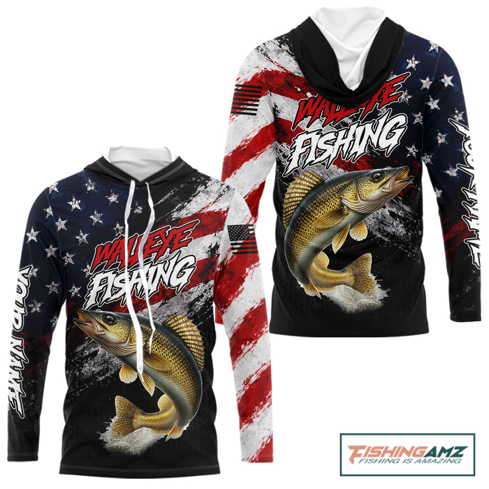 American Flag Walleye Hooded Fishing Shirt For Men, Personalized Walleye Fishing Apparel