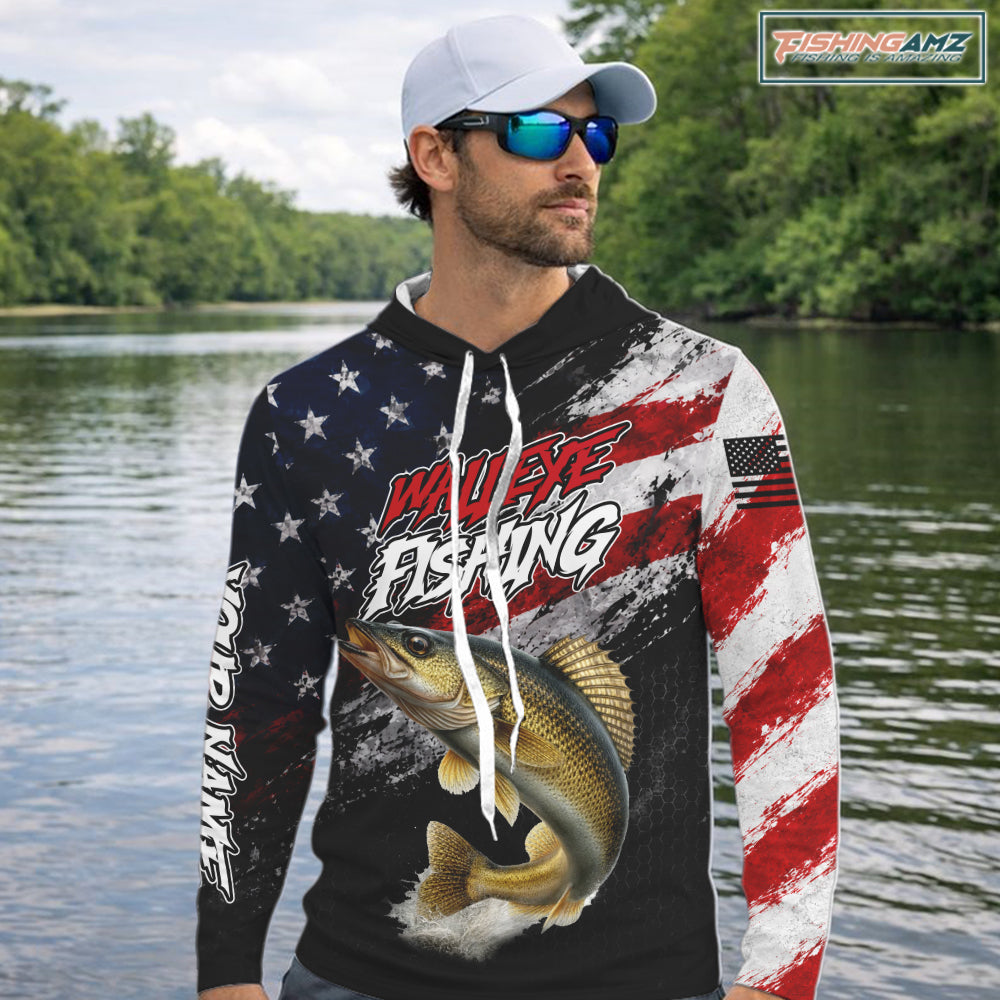 American Flag Walleye Hooded Fishing Shirt For Men, Personalized Walleye Fishing Apparel