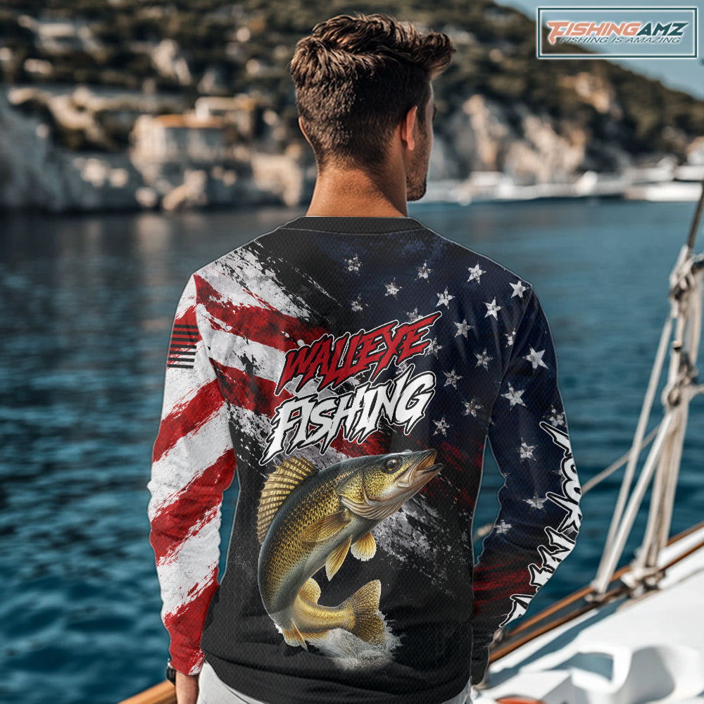 American Flag Walleye Fishing Shirt For Men, Personalized Walleye Fishing Apparel