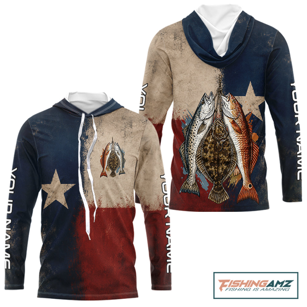 Texas Slam Speckled Trout Flounder Redfish Fishing Shirt, Texas Flag UV Performance Fishing Apparel