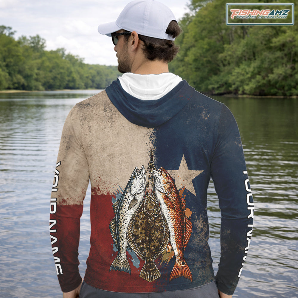Texas Slam Speckled Trout Flounder Redfish Fishing Shirt, Texas Flag UV Performance Fishing Apparel